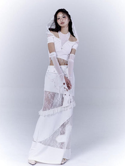 WSW WUSHENWU Lace Patched Punk Silhouette Slit Maxi Dress