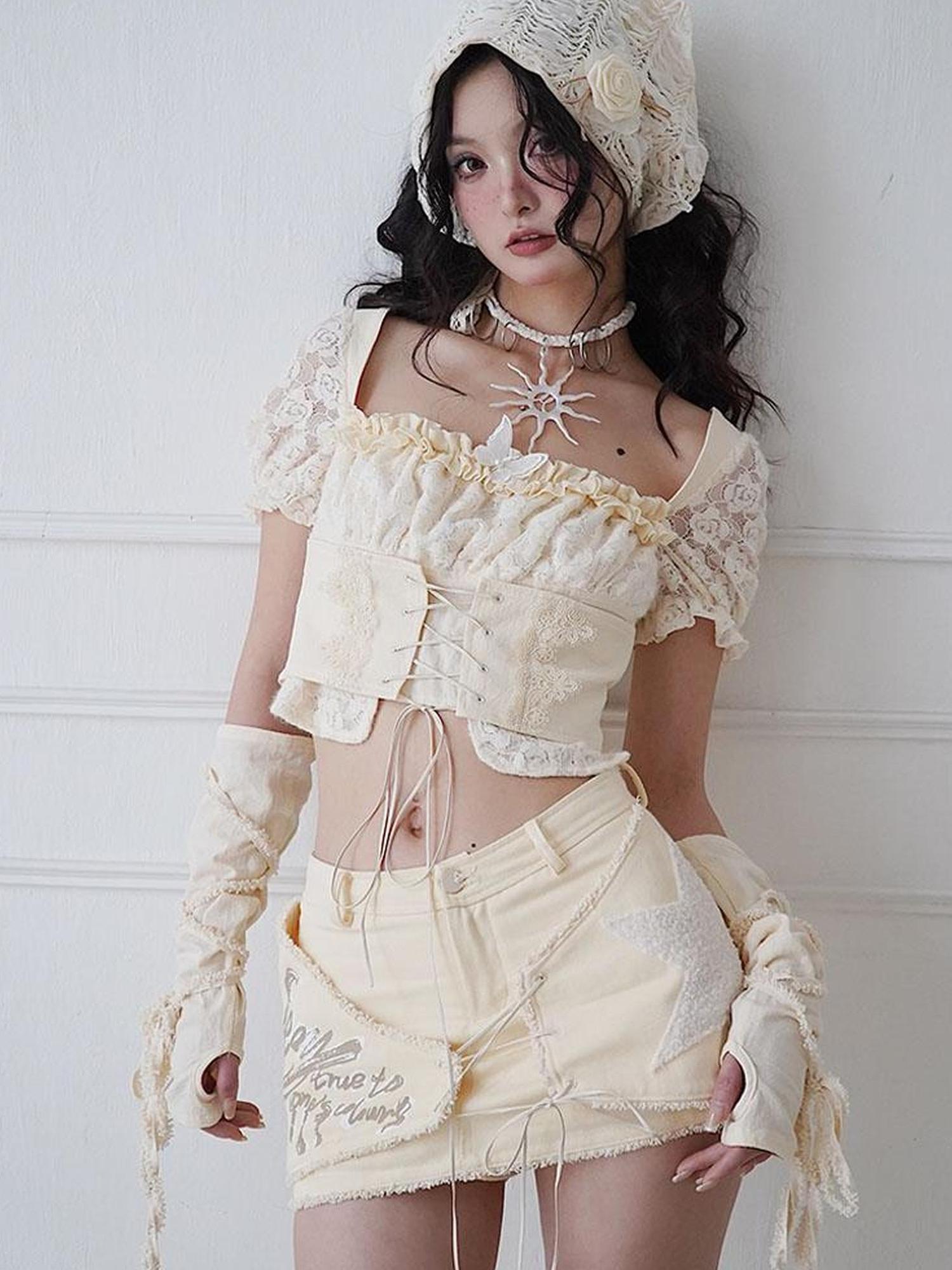 WSW WUSHENWU Lace Puff Sleeve Corset Top Sweet Spicy Feminine Design