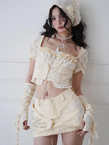 Lace Puff Sleeve Corset Top Sweet Spicy Feminine Design