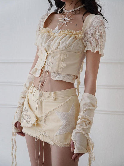 WSW WUSHENWU Lace Puff Sleeve Corset Top Sweet Spicy Feminine Design