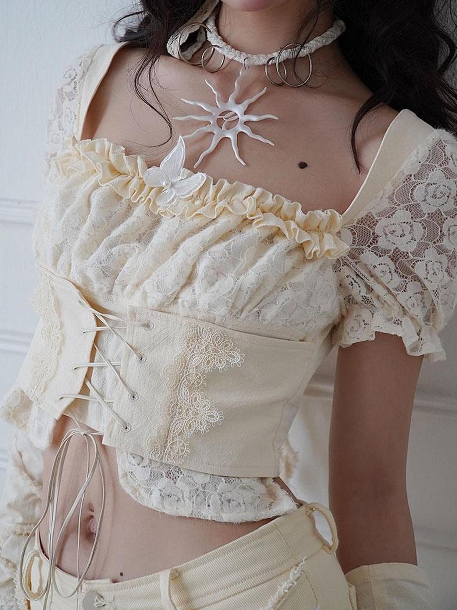 WSW WUSHENWU Lace Puff Sleeve Corset Top Sweet Spicy Feminine Design