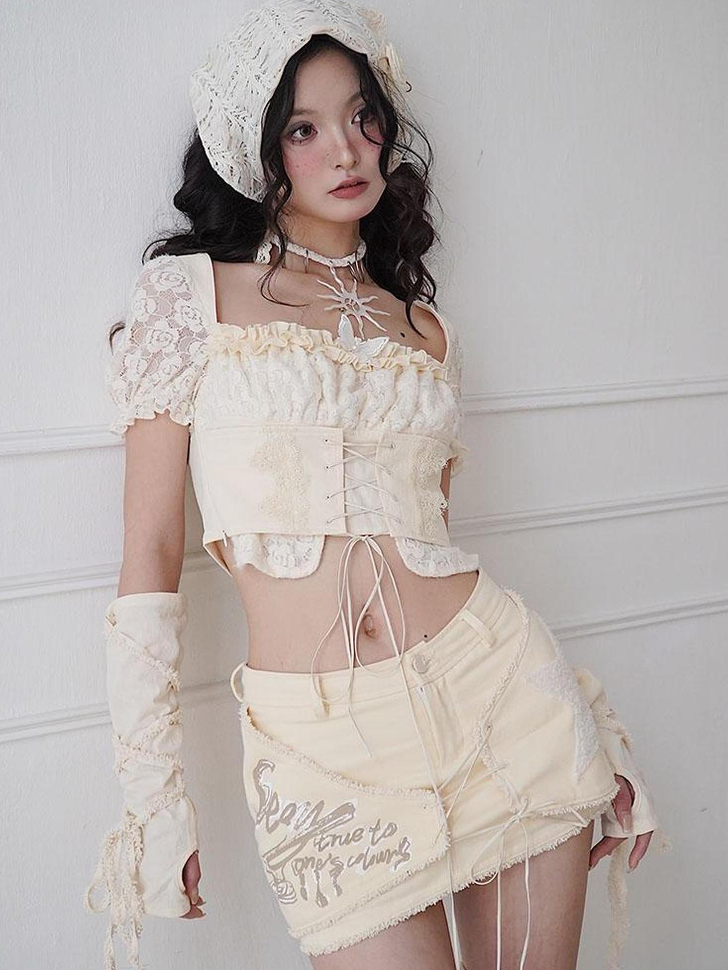 WSW WUSHENWU Lace Puff Sleeve Corset Top Sweet Spicy Feminine Design