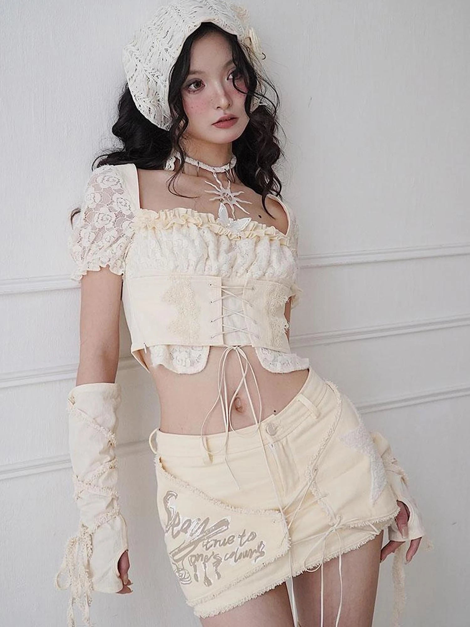Lace Puff Sleeve Corset Top Sweet Spicy Feminine Design