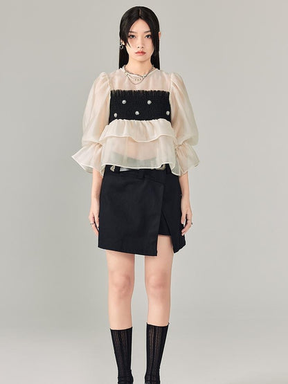 DIDDI MODA Lace Puff Sleeve Crop Top With Sheer Layered Hem
