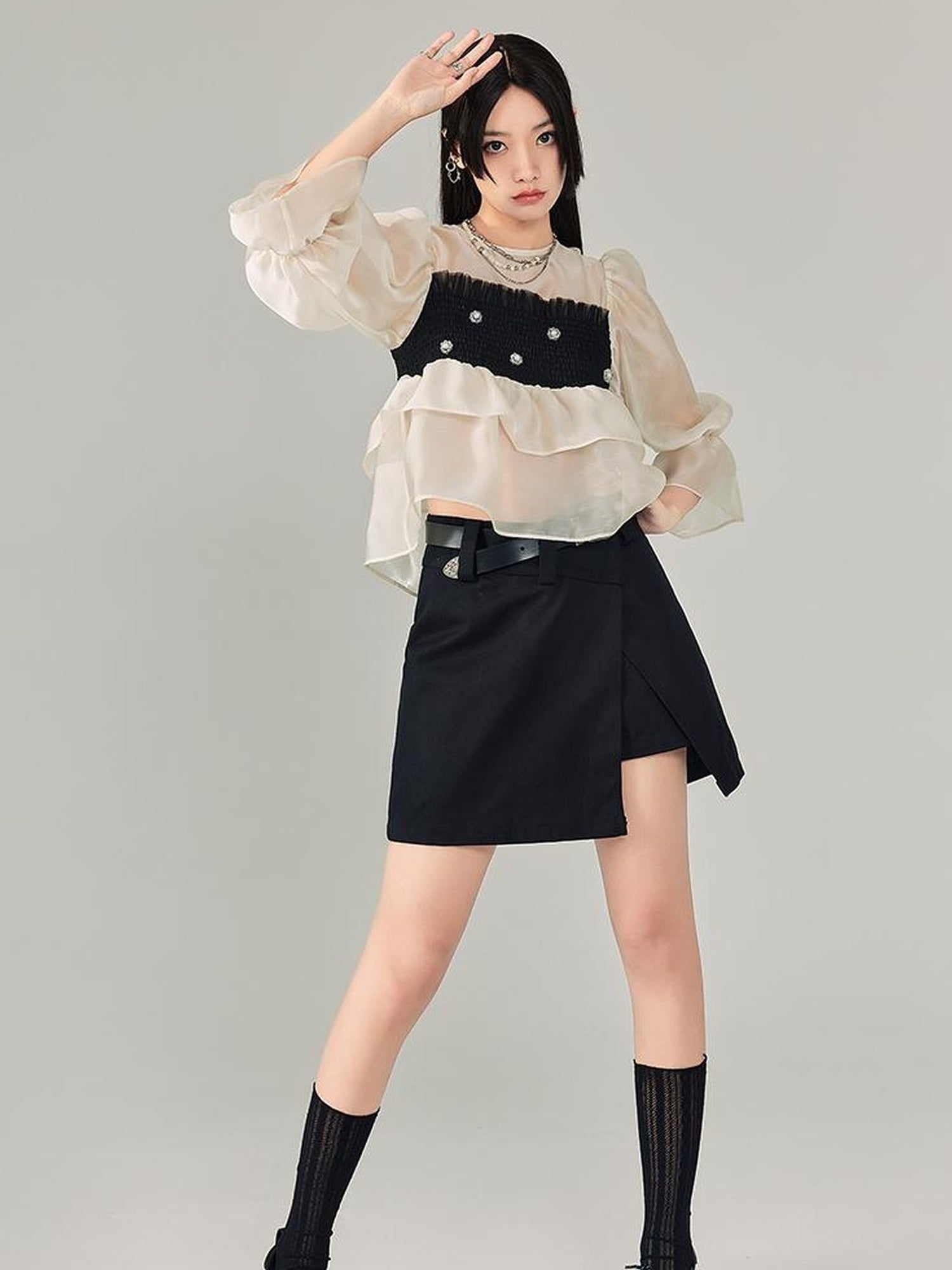 DIDDI MODA Lace Puff Sleeve Crop Top With Sheer Layered Hem