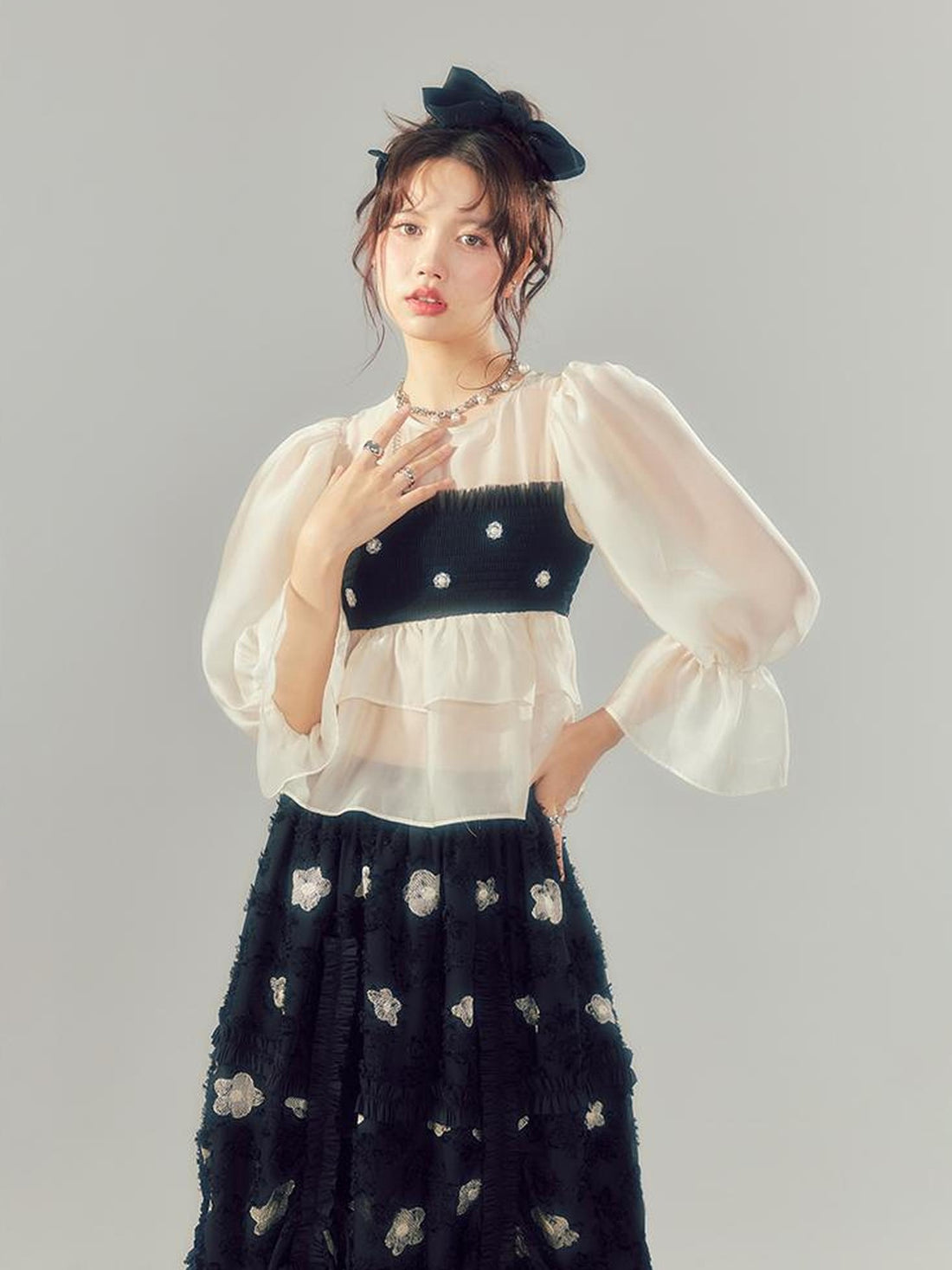 DIDDI MODA Lace Puff Sleeve Crop Top With Sheer Layered Hem