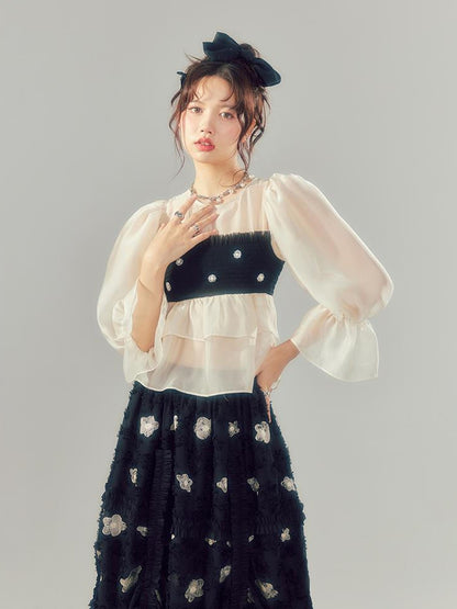 DIDDI MODA Lace Puff Sleeve Crop Top With Sheer Layered Hem