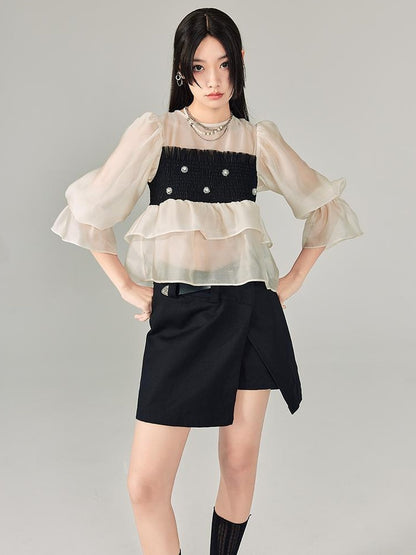 DIDDI MODA Lace Puff Sleeve Crop Top With Sheer Layered Hem