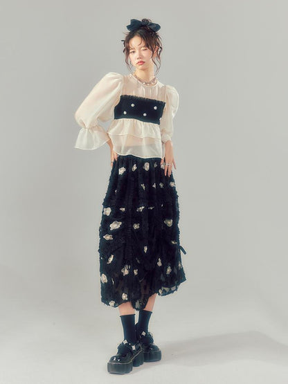 DIDDI MODA Lace Puff Sleeve Crop Top With Sheer Layered Hem