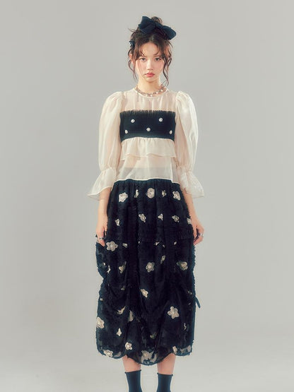 DIDDI MODA Lace Puff Sleeve Crop Top With Sheer Layered Hem