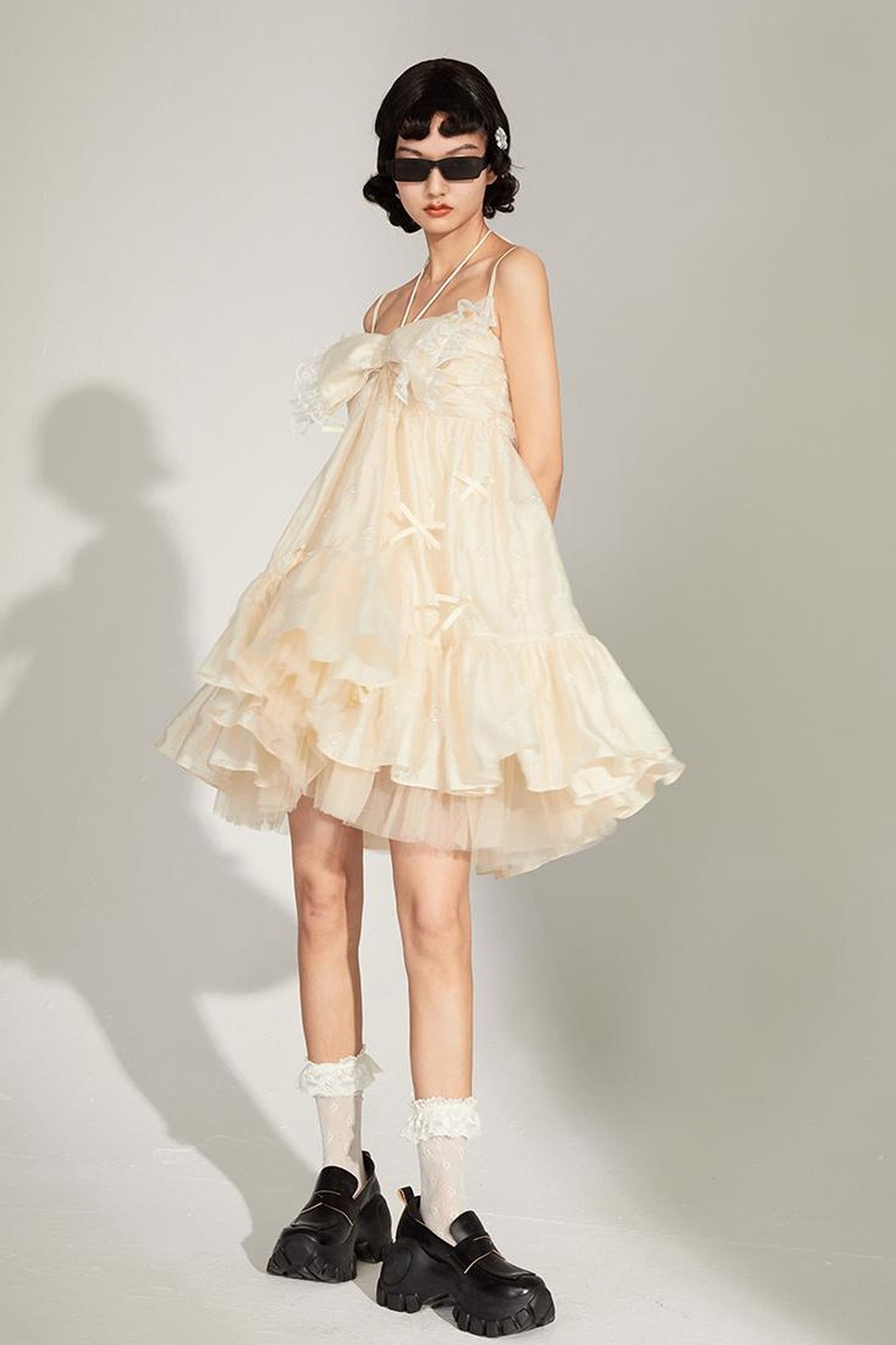 DIDDI MODA Lace Strap Floral Babydoll Dress With Bow Tie Detail