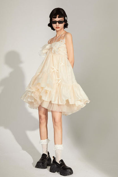 DIDDI MODA Lace Strap Floral Babydoll Dress With Bow Tie Detail
