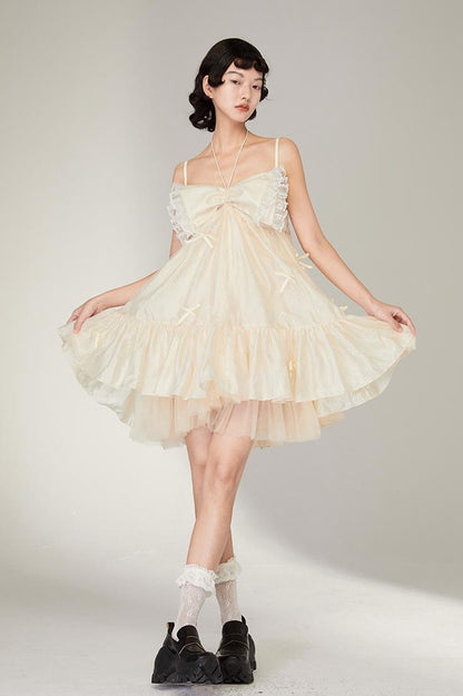 DIDDI MODA Lace Strap Floral Babydoll Dress With Bow Tie Detail