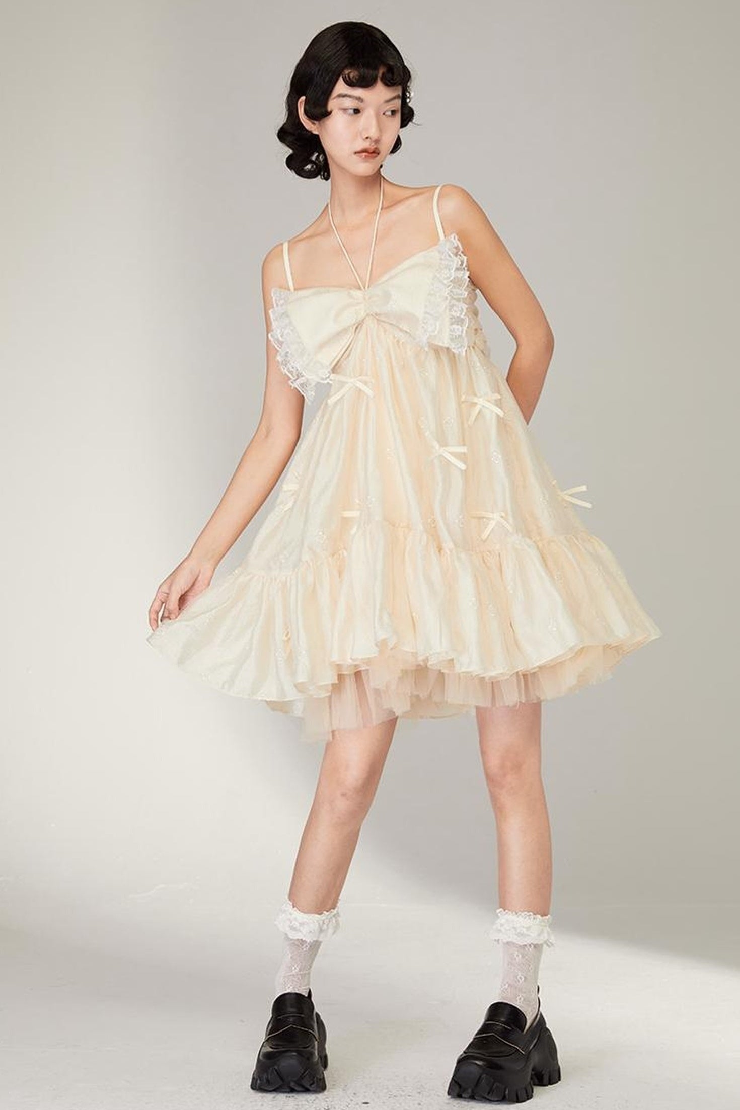 DIDDI MODA Lace Strap Floral Babydoll Dress With Bow Tie Detail