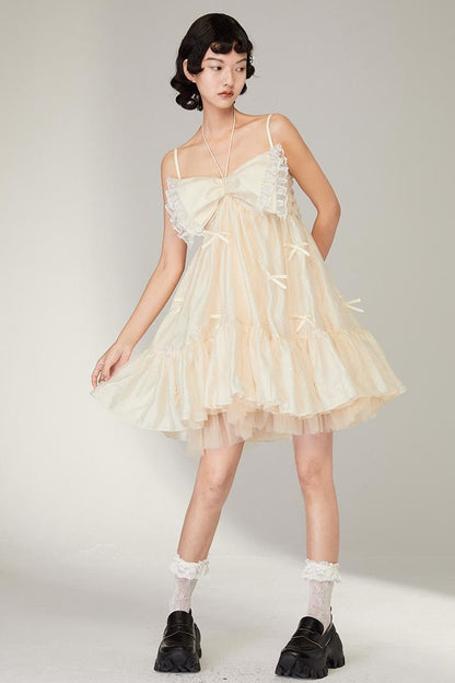 DIDDI MODA Lace Strap Floral Babydoll Dress With Bow Tie Detail