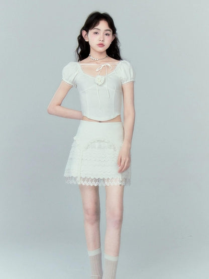 DIDDI MODA Lace Tiered Pure White Mini Skirt