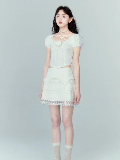 DIDDI MODA Lace Tiered Pure White Mini Skirt