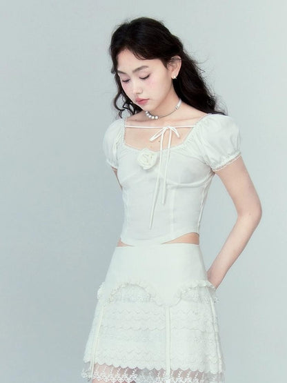 DIDDI MODA Lace Tiered Pure White Mini Skirt