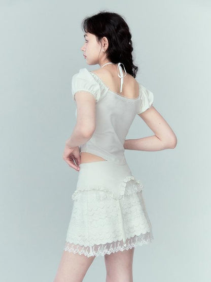 DIDDI MODA Lace Tiered Pure White Mini Skirt