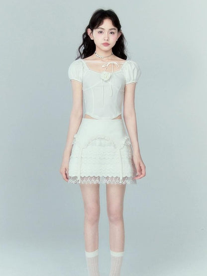 DIDDI MODA Lace Tiered Pure White Mini Skirt