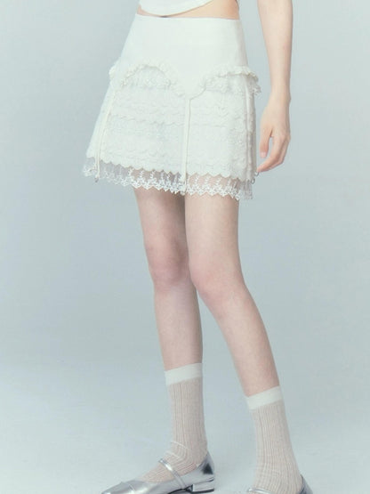 DIDDI MODA Lace Tiered Pure White Mini Skirt