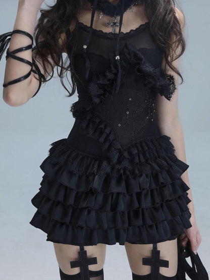 WSW WUSHENWU Lace Trim Ballet Flare Top