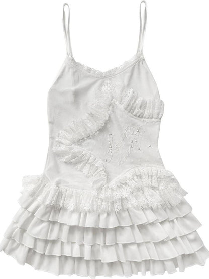 WSW WUSHENWU Lace Trim Ballet Flare Top
