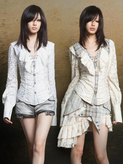 Lace Trim Double Layer Neck Hollow Out Punk Romantic Vintage Blouse