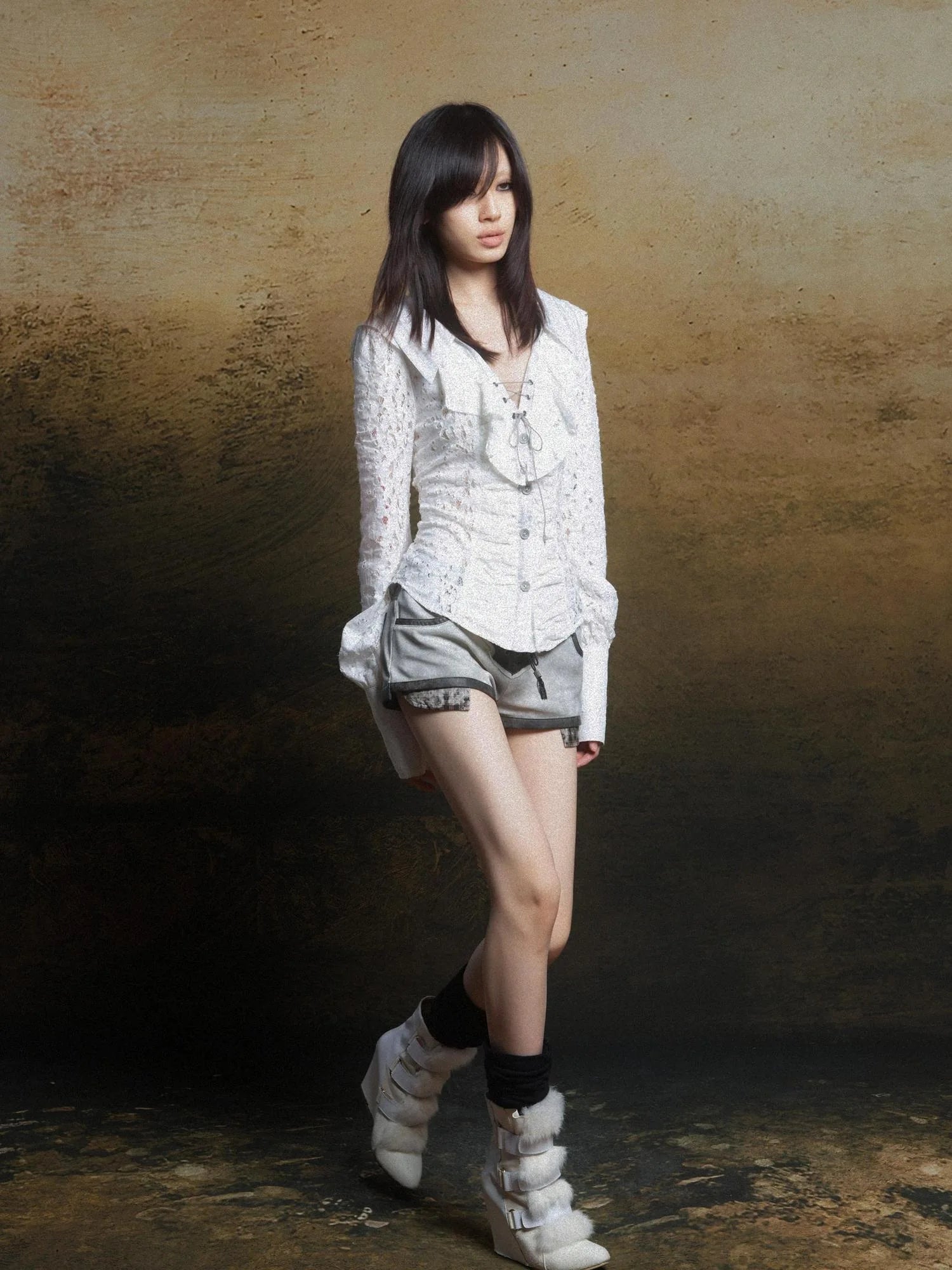 Lace Trim Double Layer Neck Hollow Out Punk Romantic Vintage Blouse