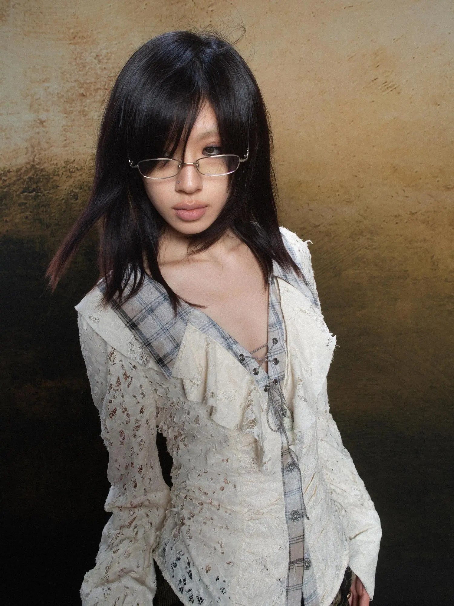 Lace Trim Double Layer Neck Hollow Out Punk Romantic Vintage Blouse