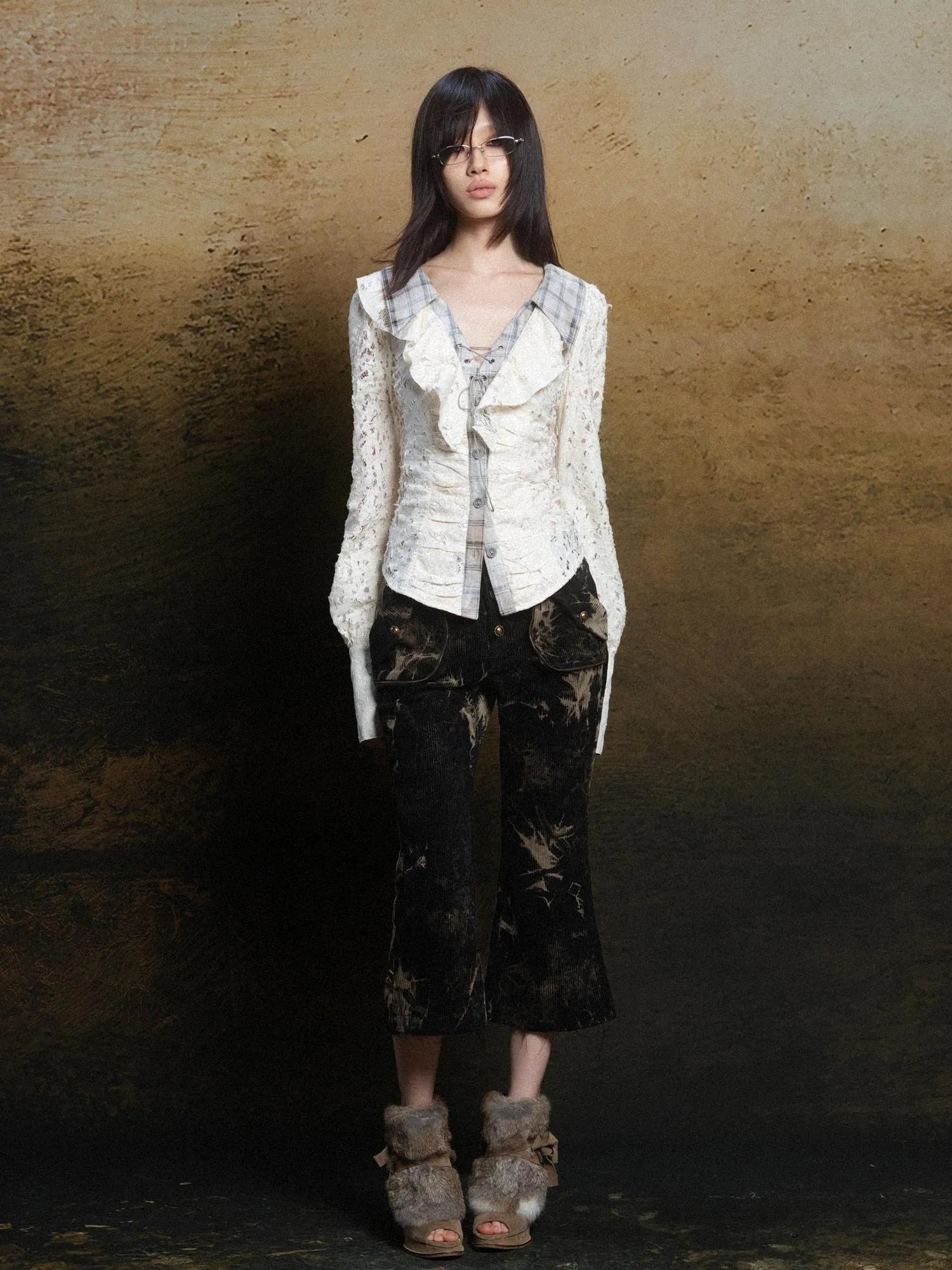 Lace Trim Double Layer Neck Hollow Out Punk Romantic Vintage Blouse