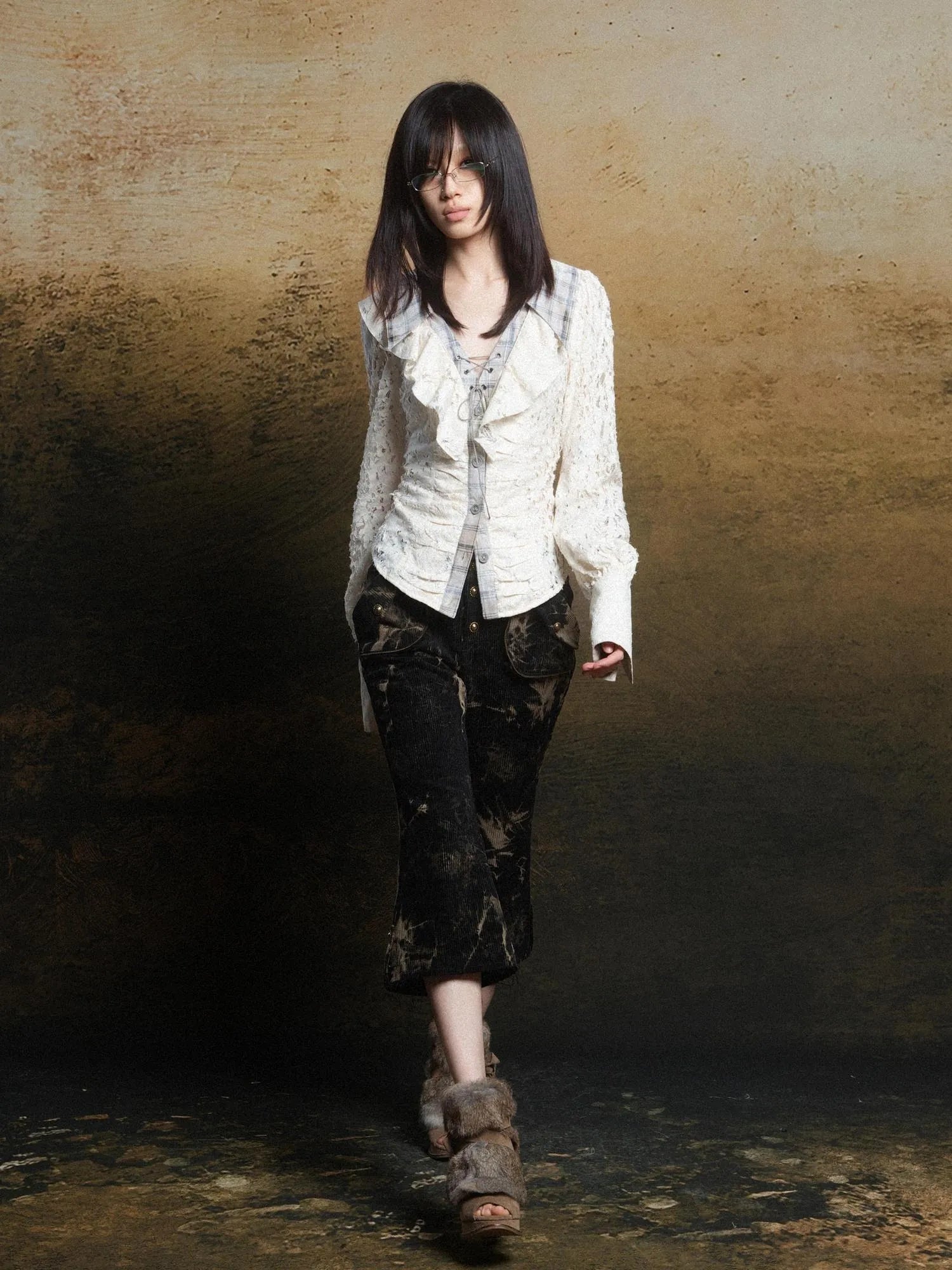 Lace Trim Double Layer Neck Hollow Out Punk Romantic Vintage Blouse