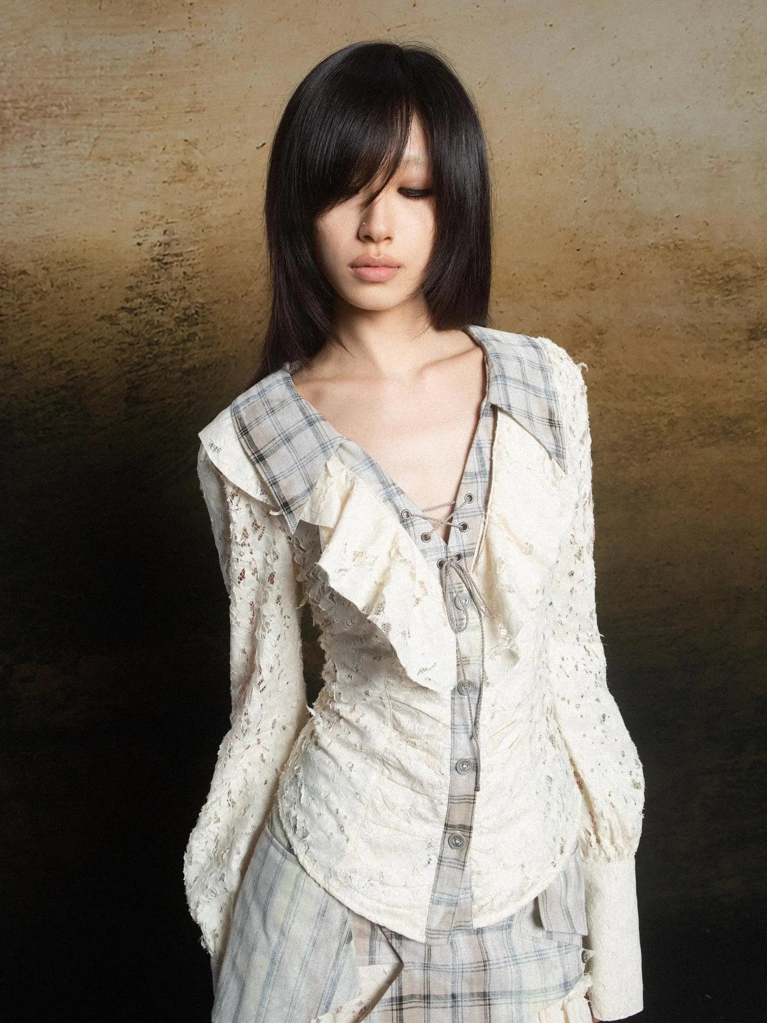 Lace Trim Double Layer Neck Hollow Out Punk Romantic Vintage Blouse