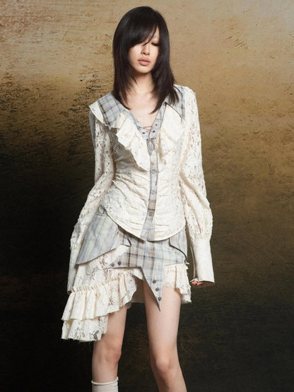 Lace Trim Double Layer Neck Hollow Out Punk Romantic Vintage Blouse