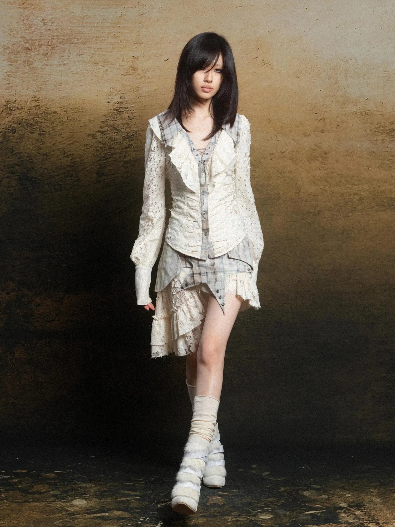 Lace Trim Double Layer Neck Hollow Out Punk Romantic Vintage Blouse