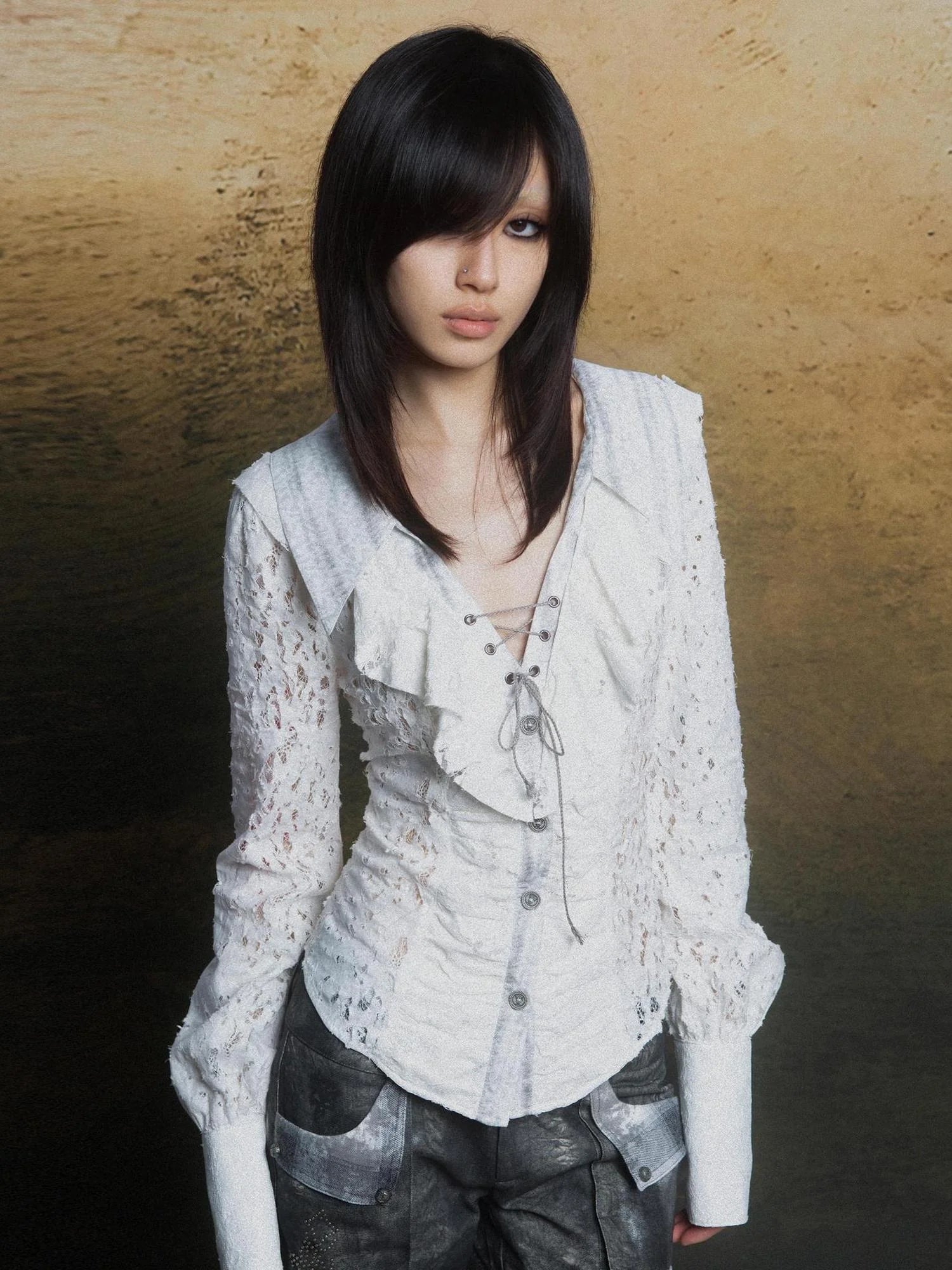 Lace Trim Double Layer Neck Hollow Out Punk Romantic Vintage Blouse