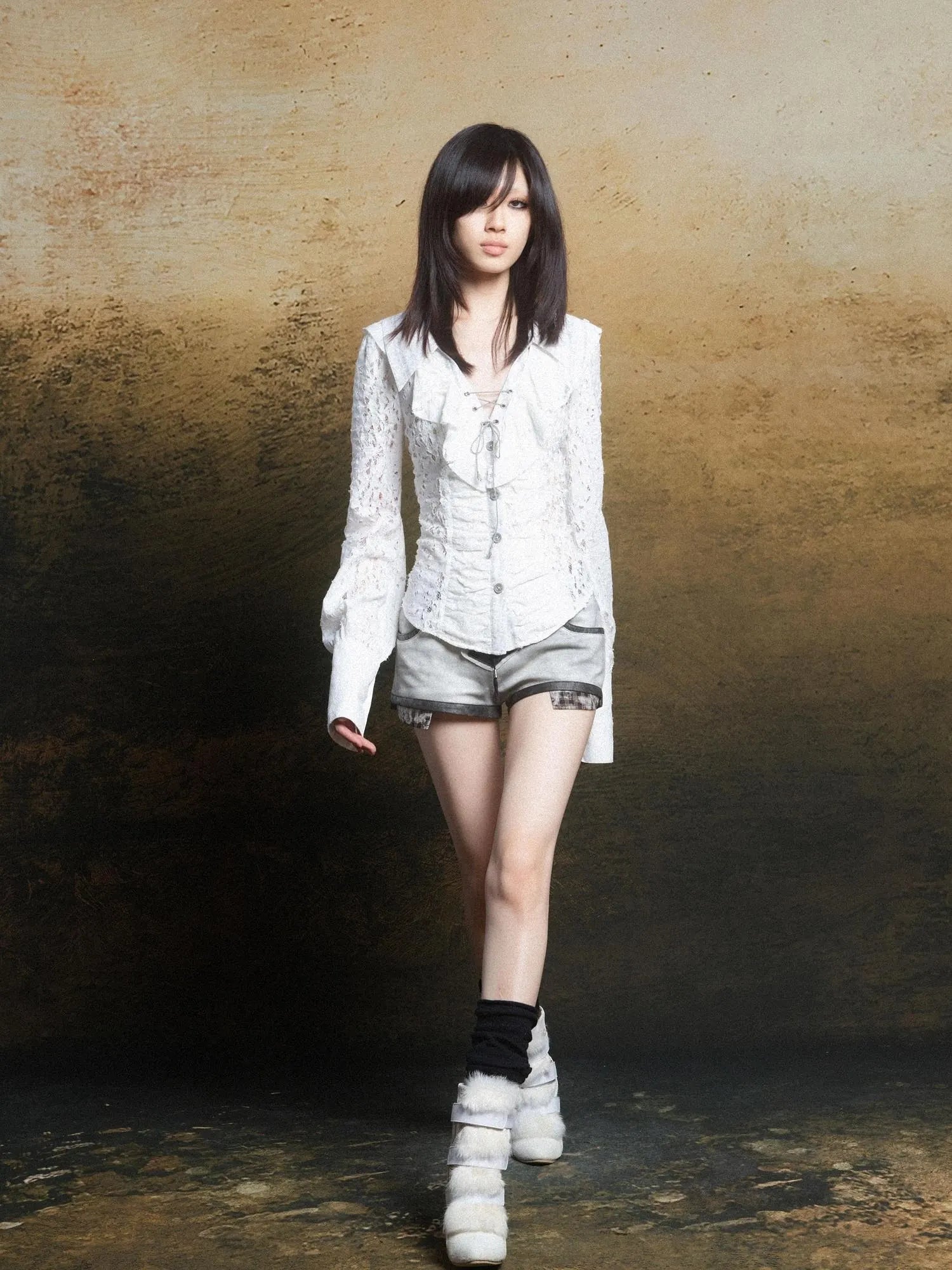 Lace Trim Double Layer Neck Hollow Out Punk Romantic Vintage Blouse