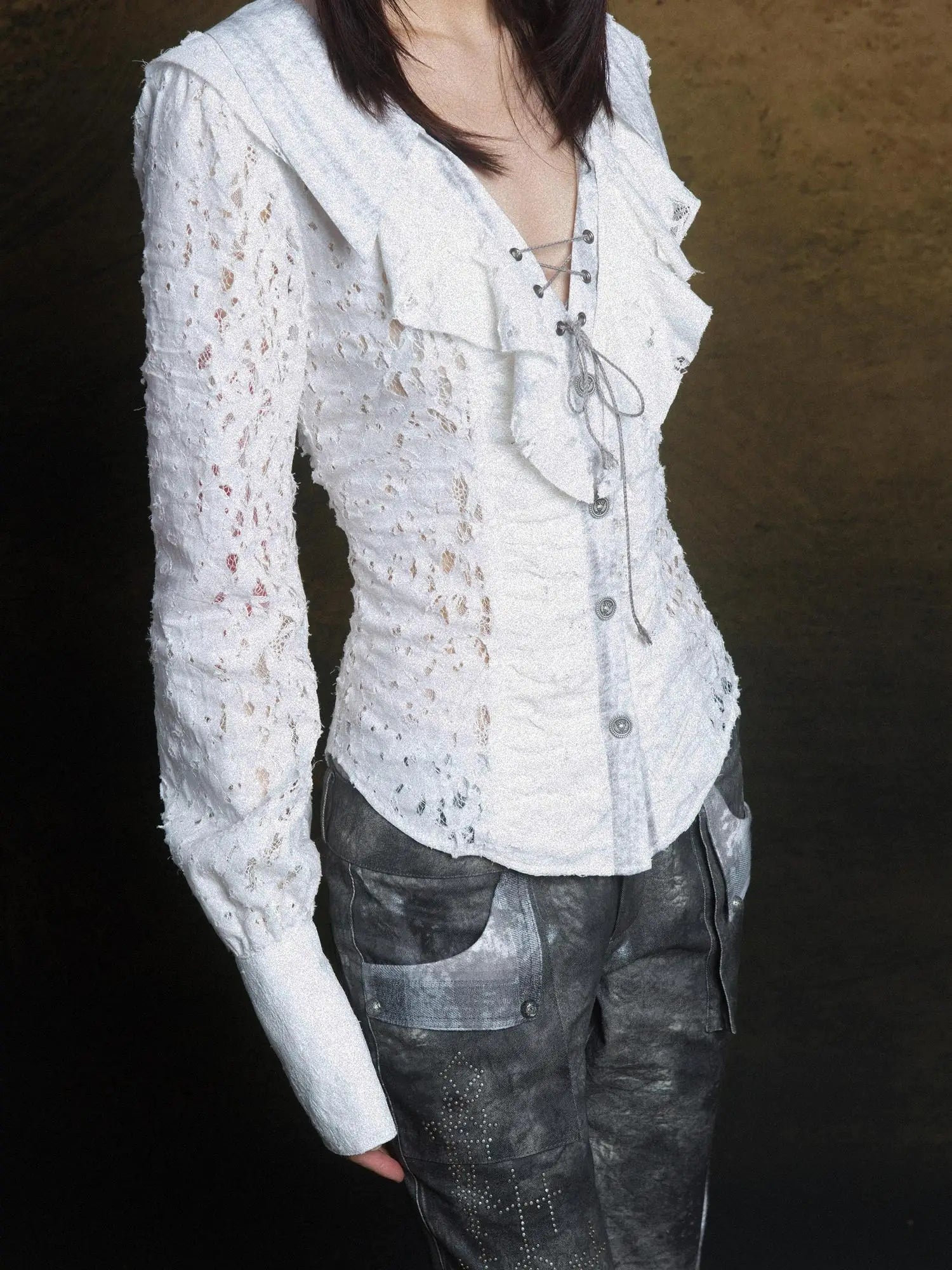 Lace Trim Double Layer Neck Hollow Out Punk Romantic Vintage Blouse