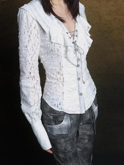 Lace Trim Double Layer Neck Hollow Out Punk Romantic Vintage Blouse