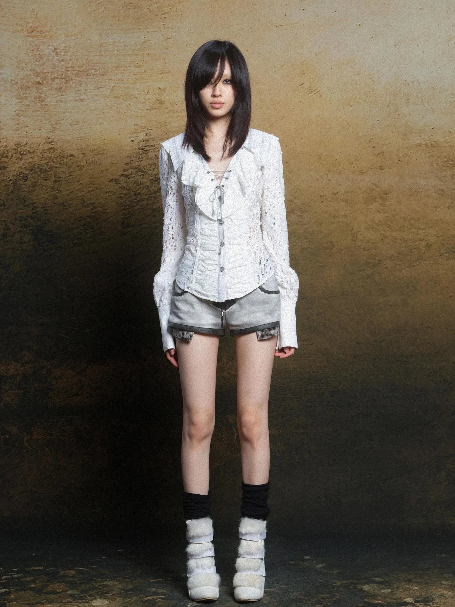 Lace Trim Double Layer Neck Hollow Out Punk Romantic Vintage Blouse