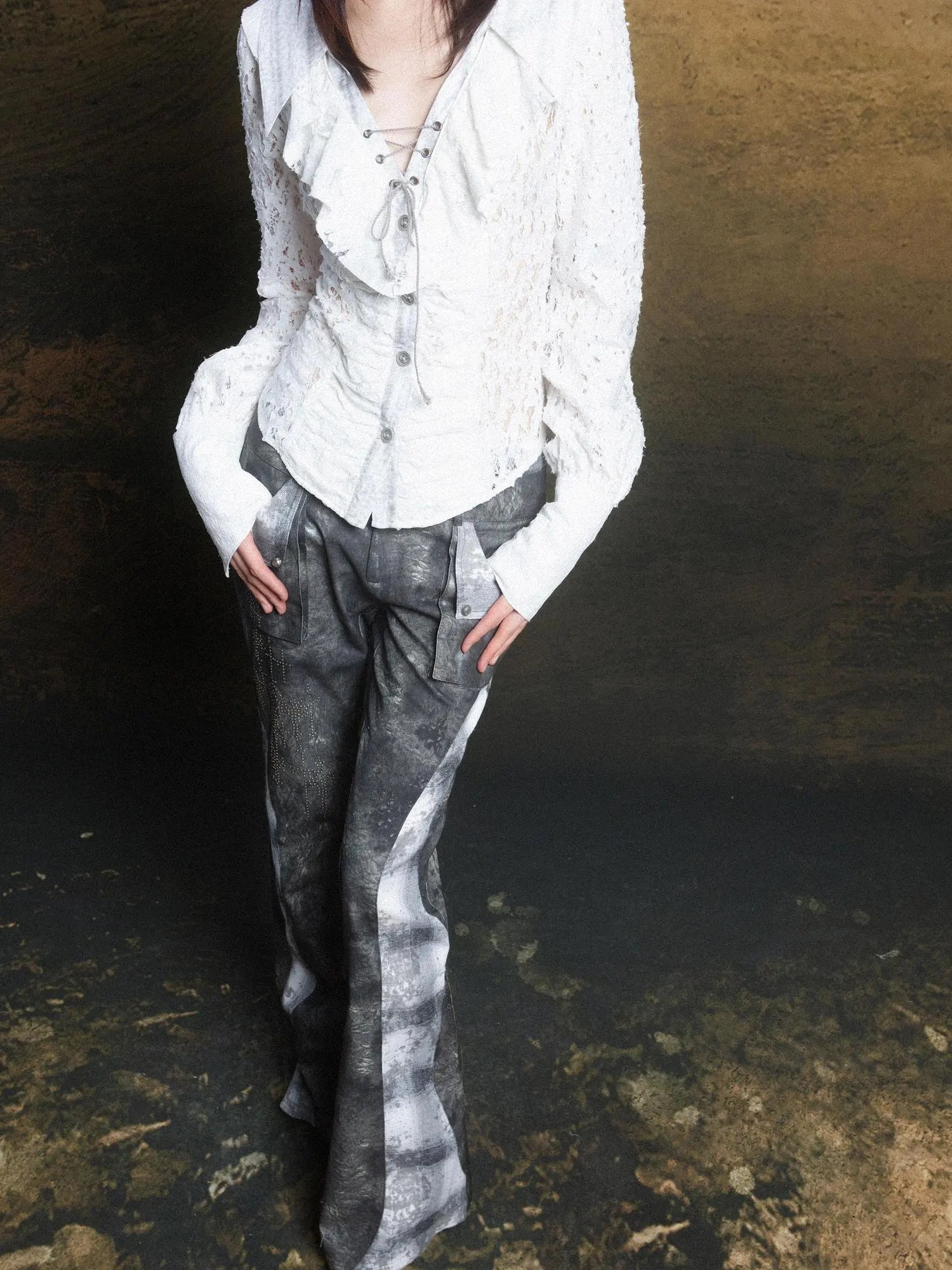 Lace Trim Double Layer Neck Hollow Out Punk Romantic Vintage Blouse