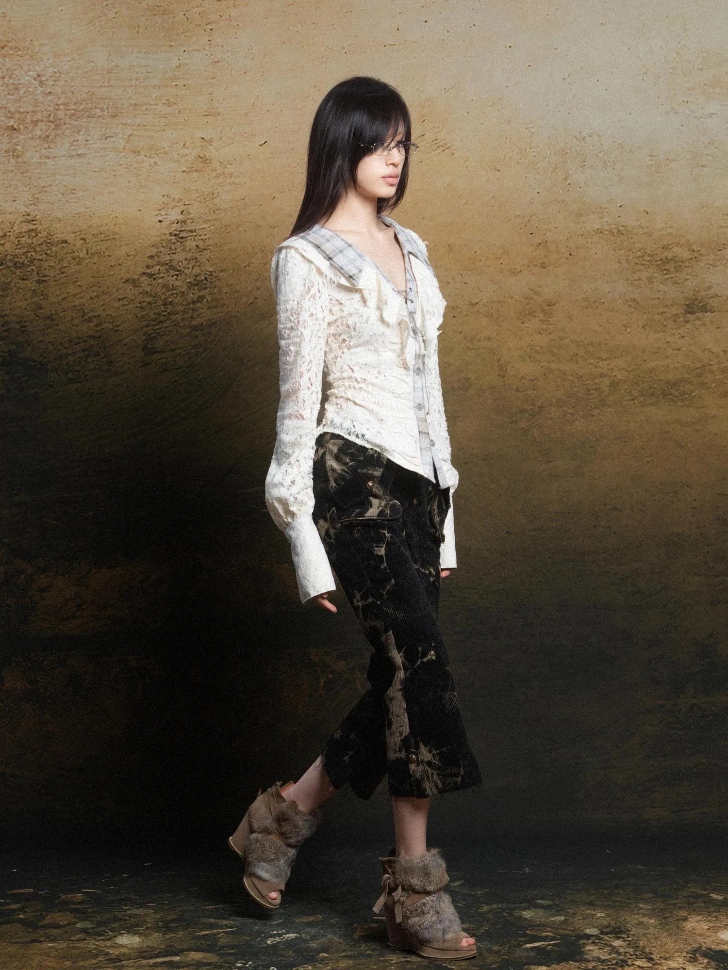 Lace Trim Double Layer Neck Hollow Out Punk Romantic Vintage Blouse