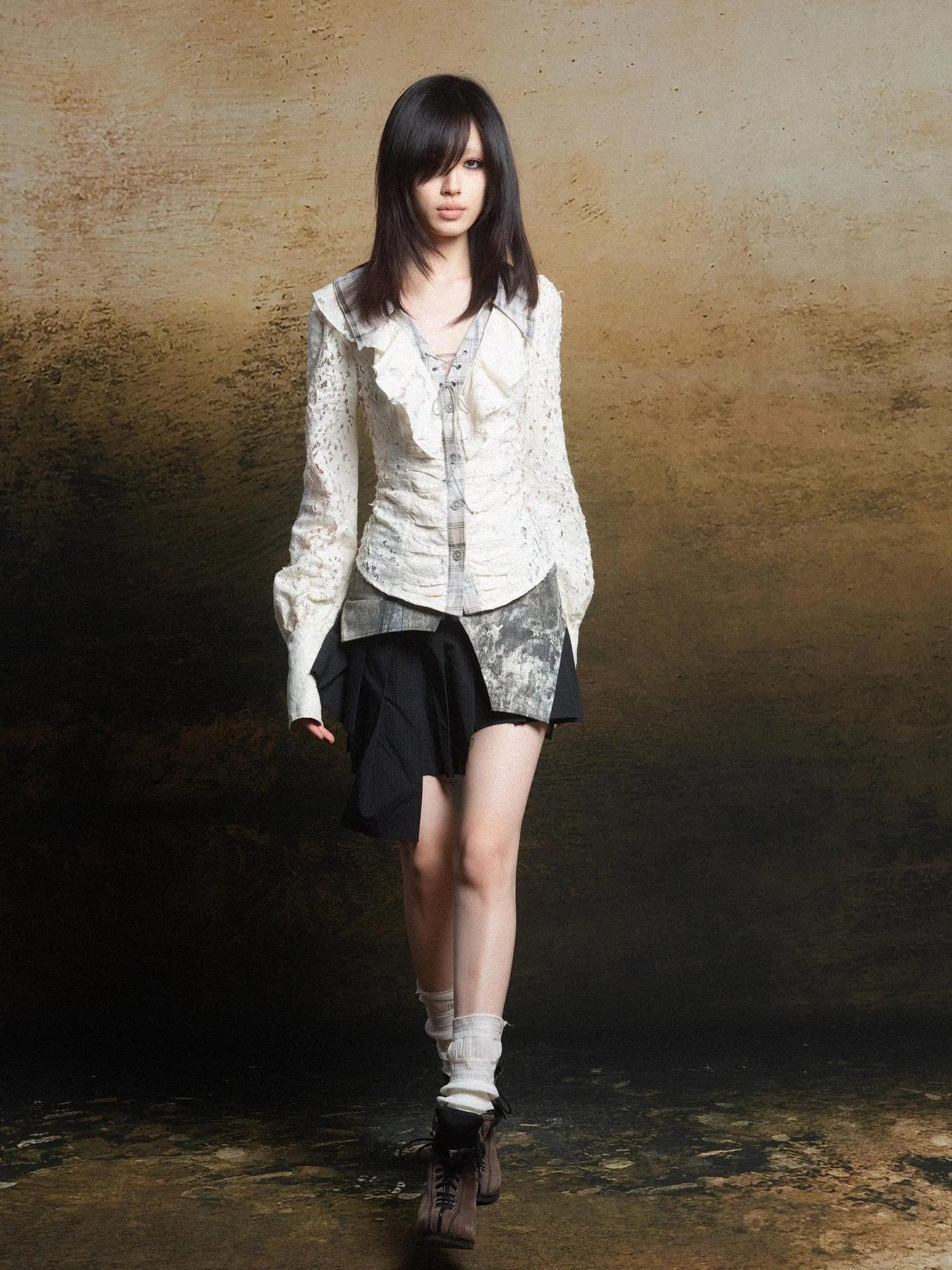 Lace Trim Double Layer Neck Hollow Out Punk Romantic Vintage Blouse