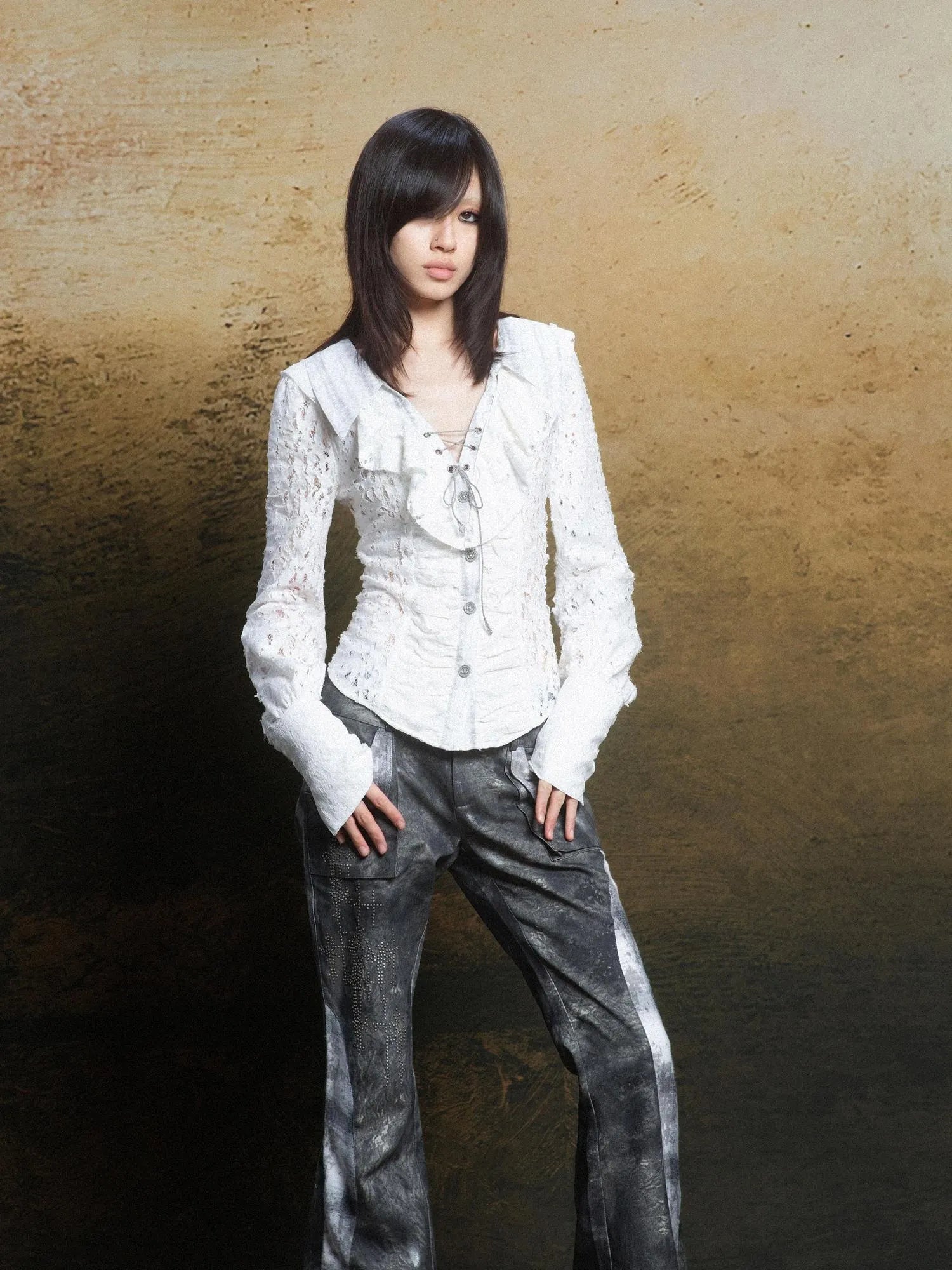 Lace Trim Double Layer Neck Hollow Out Punk Romantic Vintage Blouse