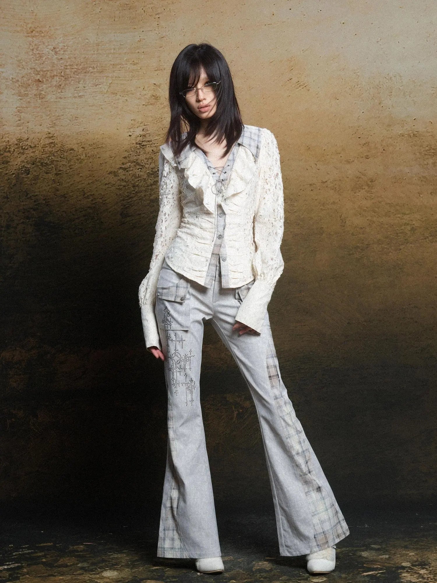 Lace Trim Double Layer Neck Hollow Out Punk Romantic Vintage Blouse