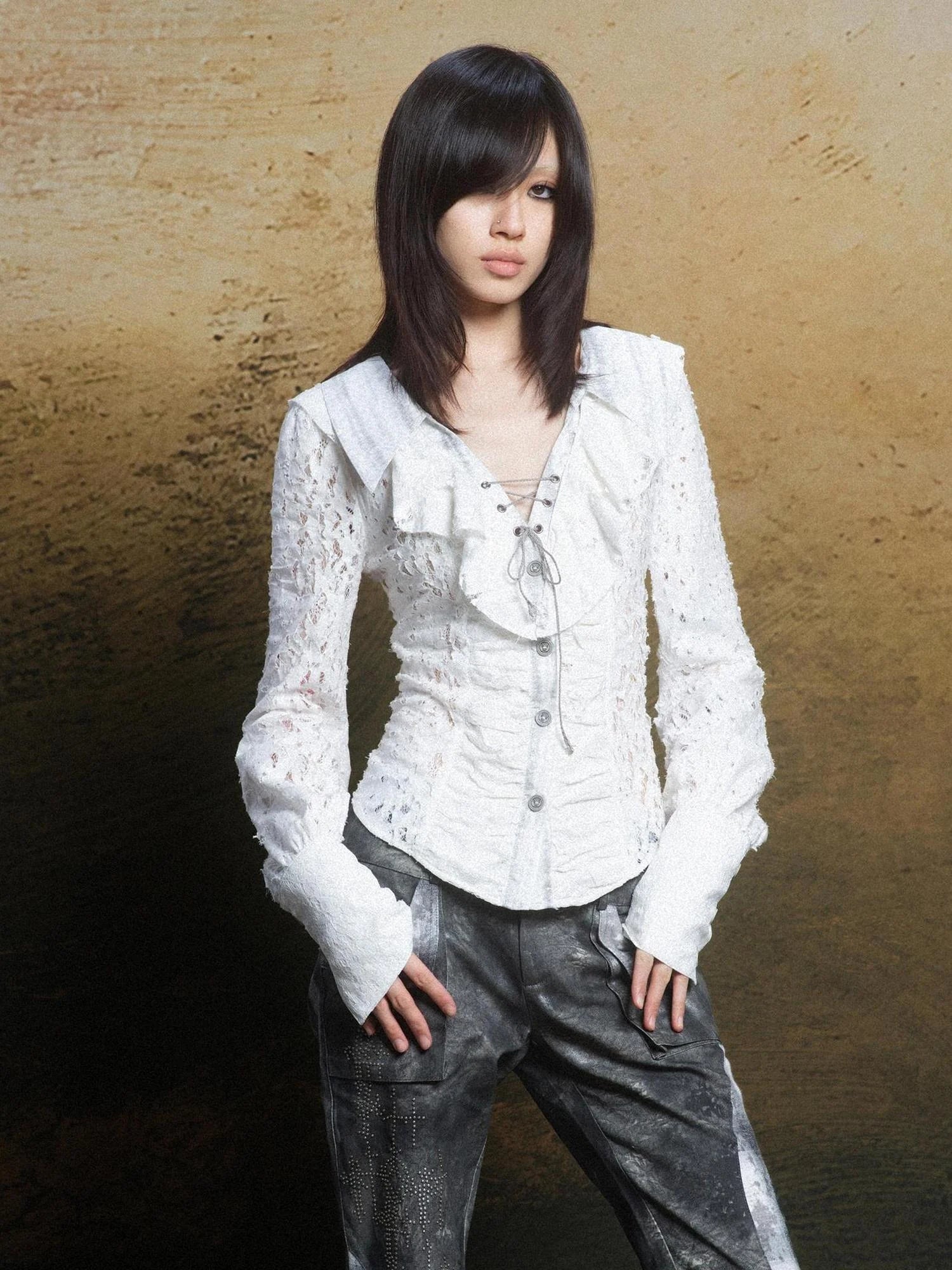 Lace Trim Double Layer Neck Hollow Out Punk Romantic Vintage Blouse