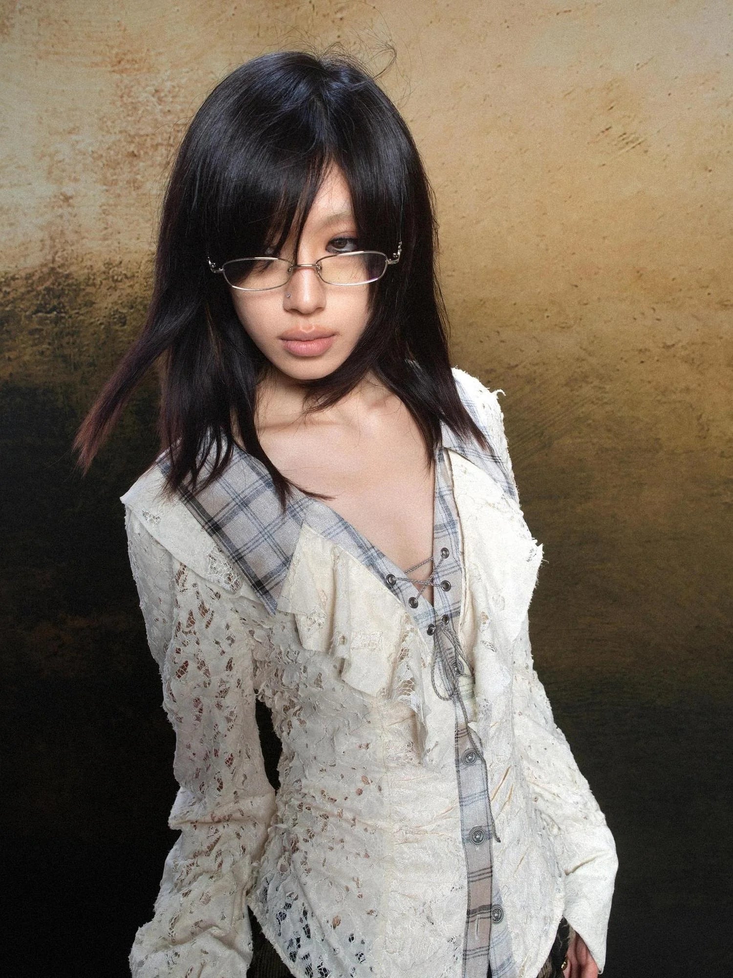 Lace Trim Double Layer Neck Hollow Out Punk Romantic Vintage Blouse