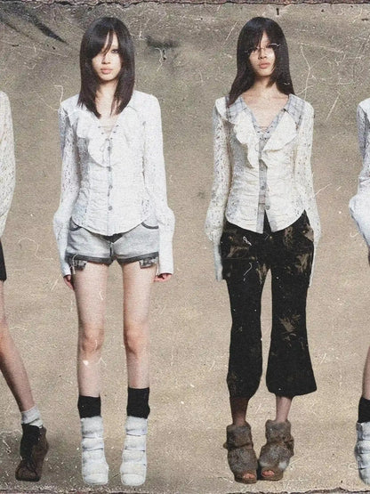 Lace Trim Double Layer Neck Hollow Out Punk Romantic Vintage Blouse