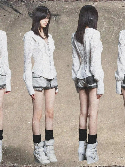 Lace Trim Double Layer Neck Hollow Out Punk Romantic Vintage Blouse