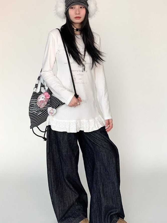 Lace Trim Floral Print Slim Long Sleeve T-shirt Dresses